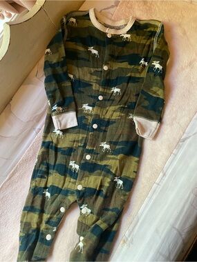 Cozy Green Camo Moose Footie for Kids - Snap Front